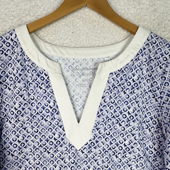 Tommy Bahama IslandZone Womens Tunic Top Blue White Geometric Split Neck M‎ - Picture 4 of 12